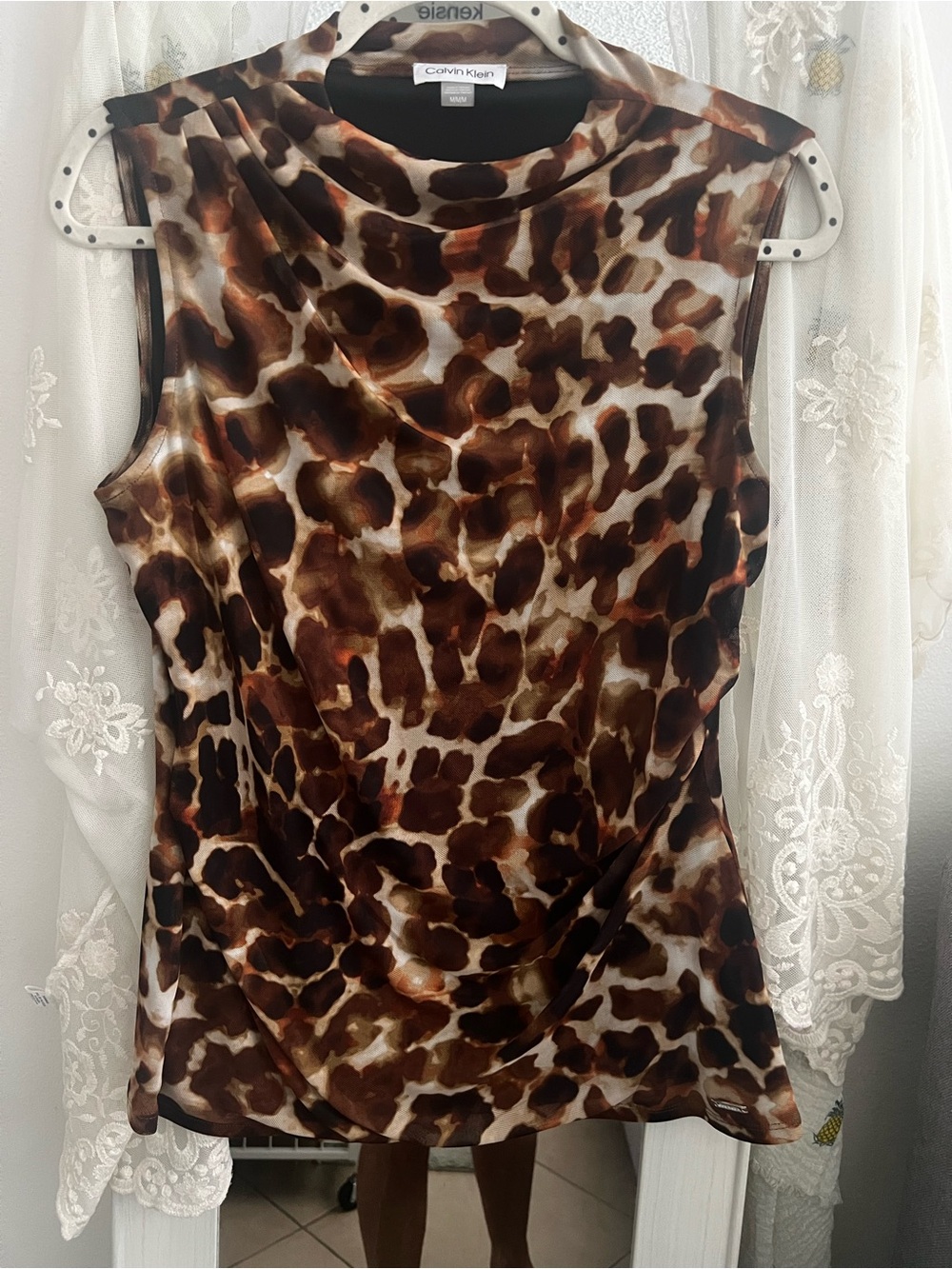 Calvin Klein Brown and Tan Animal-Print Sleeveless Blouse